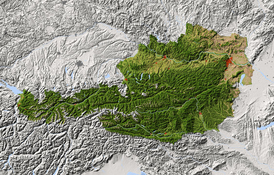 Austria, shaded relief map, colored for vegetation