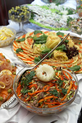 Fototapeta na wymiar Beautifully decorated meal on plates at restaurant