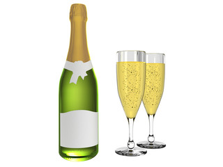 Champagne bottle with blank labels & champagne in glass