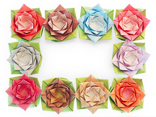 10 origami flowers decoration on a white background