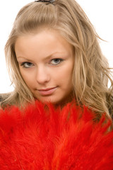 woman with red fan