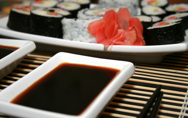 sushi plate with chopsticks. Shallow dof.