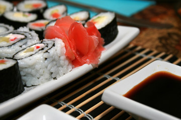 sushi plate with chopsticks. Shallow dof.