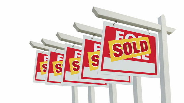 Row of Sold Home For Sale Real Estate Signs Isolated on White.