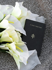 prayer book and silk calla lily