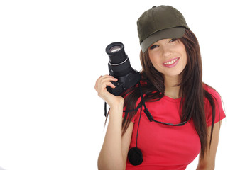 beautiful girl with the camera isolated on a white background