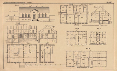 Historische 142 Jahre alte technische Zeichnung - Grundriss