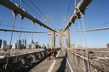 Walking on upper deck of Brooklyn Bridge