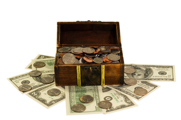 full of coins and dollars chest isolated on white