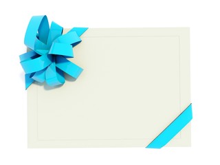 Greeting card with blue bow isolated on white