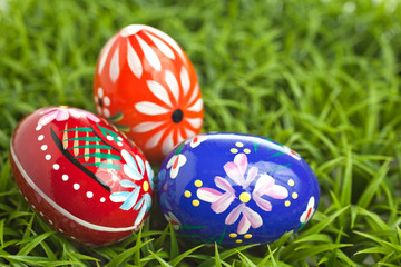 Colorful Easter Eggs on green grass