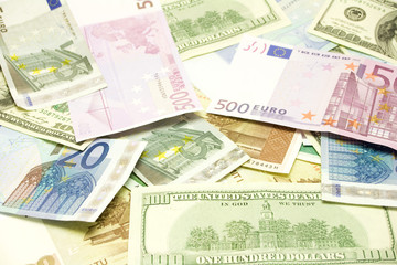 Dollar, euro, lat banknotes