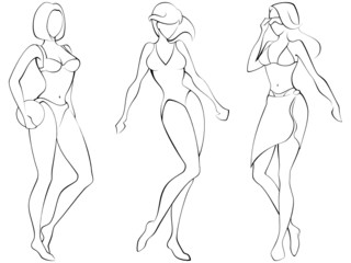 Sketch of three women in beach-wear