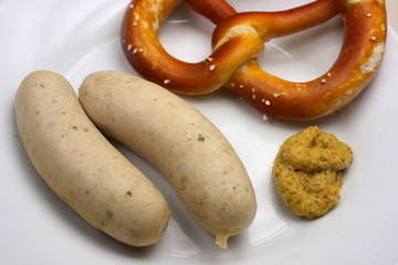 Bavarian veal sausage with pretzel and mustard