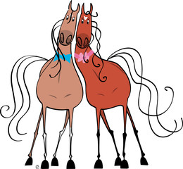 Couple de chevaux amoureux, cheval alezan et jument baie