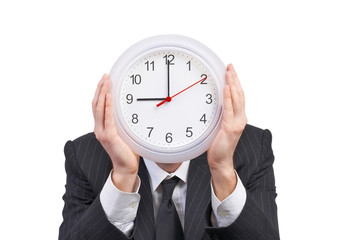 business man with clock against his head