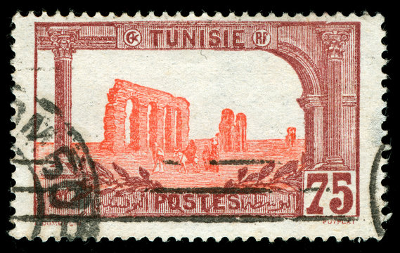 vintage stamp from Tunisia depicting Roman ruins of Carthage
