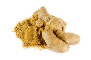 Ginger root and powder on white