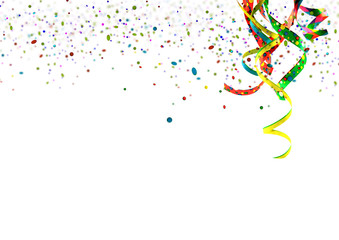 Konfetti mit Luftschlangen auf wei&szlig;em Hintergrund f&uuml;r Party oder Geburtstag