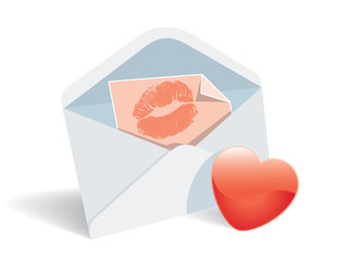 Love mail, envelope, heart and lipstick print.