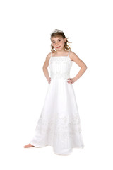 girl dressed in white bridesmaid or princess dress