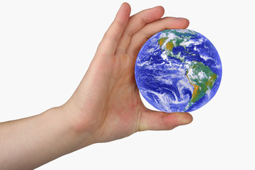 earth in man's hand on white background