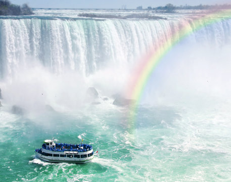 Rainbow and tourist boat at Niagara Falls