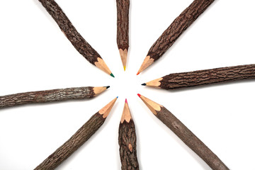 Bark covered colored pencils isolated on white