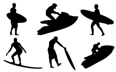 Surf and jet ski silhouettes