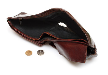 battered empty purse with tear