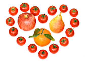 Composition consisting of tomatoes, tangerine, pear and apple sy