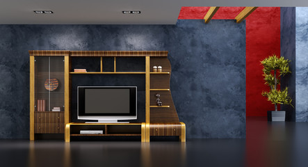 lounge room interior with bookshelf and TV