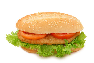 Bread with schnitzel, tomato and lettuce