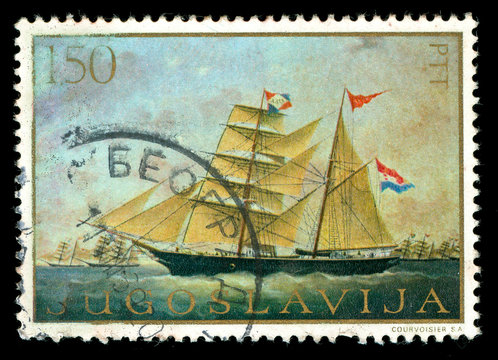 vintage stamp depicting a sailing ship