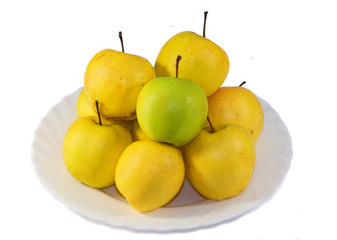 green and yellow apples on the plate