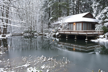 Japanese tea house winter with pond in foreground