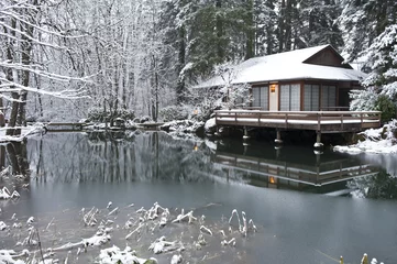 Foto op Canvas Japanese tea house winter with pond in foreground © Close Encounters