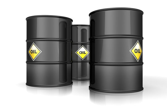 Trois barils sur fond blanc portant la mention "OIL"