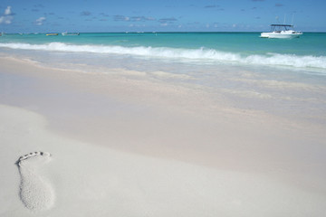 Tropical Paradise - Footprin on a White Sand Beach and Ocean Bac