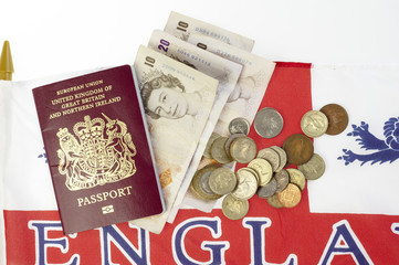 England flag with passport and money