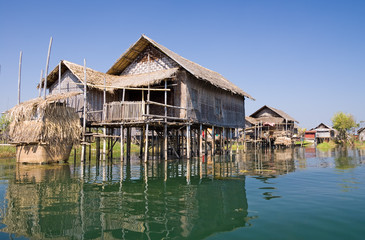 Traditional wooden stilt houses at the Inle lake