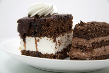 Two chocolate cakes on white background