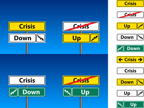 Crisis direction sign and blue sky background
