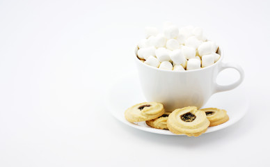 Chocolate and marshmallows with fancy biscuits.