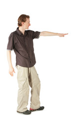 Men indicating by hand