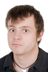 Fototapeta premium Portrait of the surprised young man. Isolated