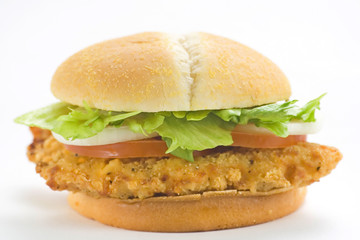 crisp chicken burger with tomato onion cheese lettuce