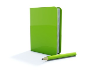 Green notebook with pen icon isolated on white