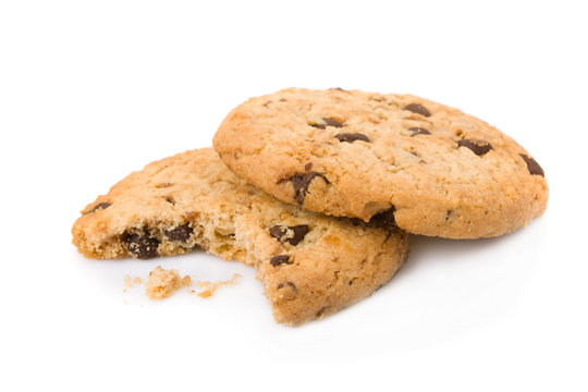 Bitten chocolate chip cookies isolated on white background