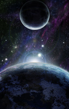 Fototapeta Sunset with two blue planet